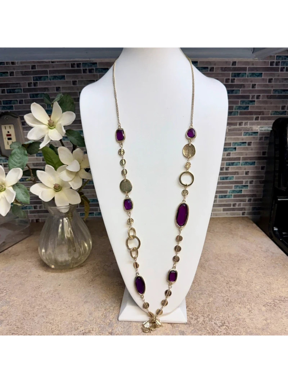 Chico's Long Gold Tone Purple Lucite Station Statement Necklace Boho Modern